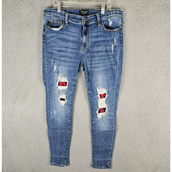 Judy Blue Buffalo Plaid Patch Skinny Jeans Ripped Distressed 15/32 Stretch Denim - Picture 1 of 11